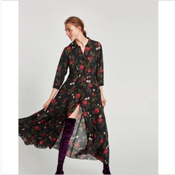 Zara Black Rose Print Maxi Shirt Dress - Picture 9 of 9